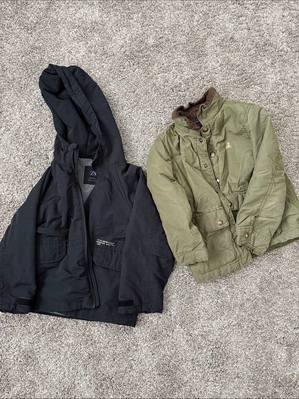 Zara Black Hooded Jacket and Olive Green Utility Coat